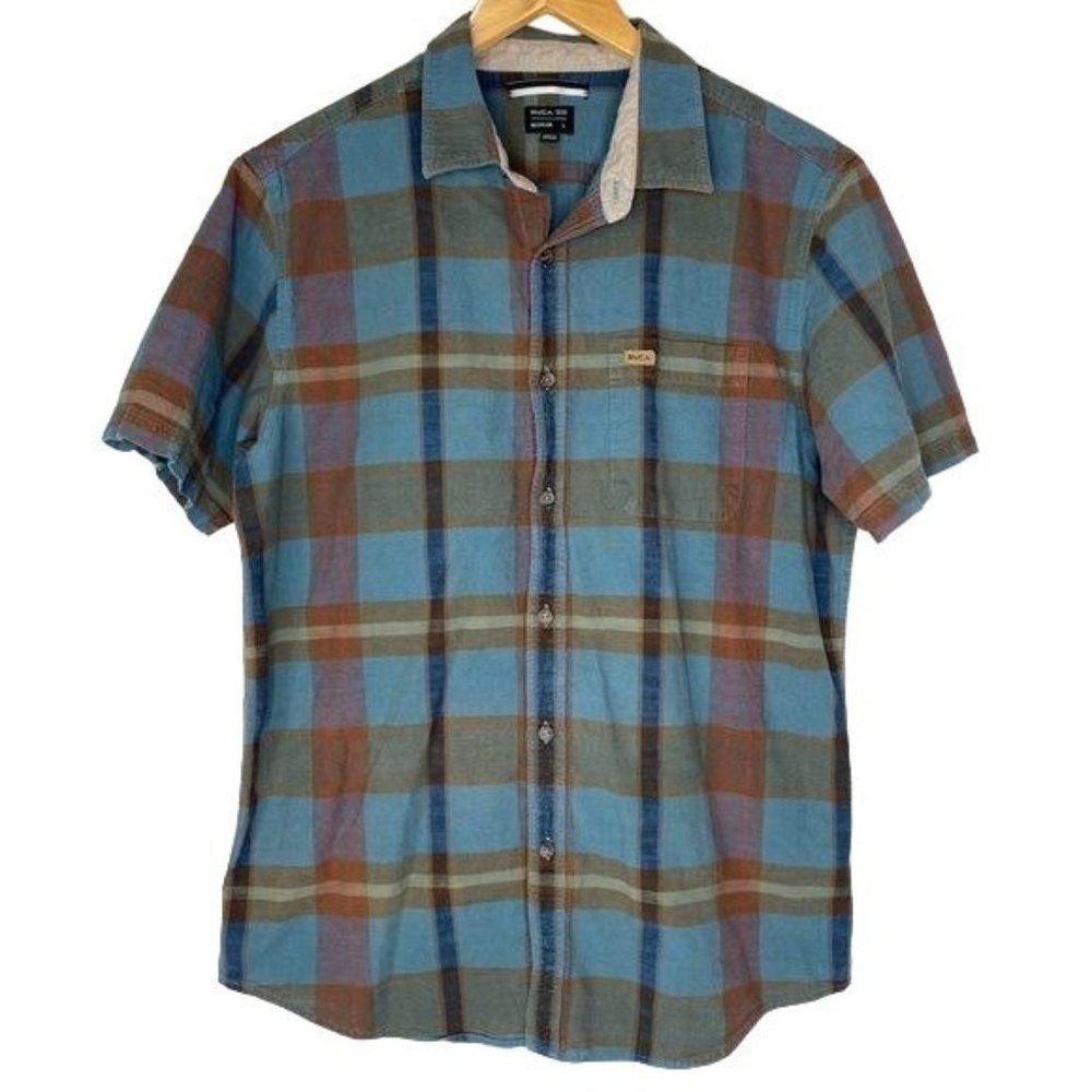 RVCA mens short sleeve, button down plaid blue orange 100% cotton size Large L